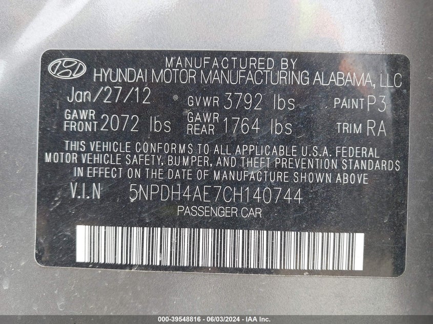 2012 Hyundai Elantra Gls VIN: 5NPDH4AE7CH140744 Lot: 39548816