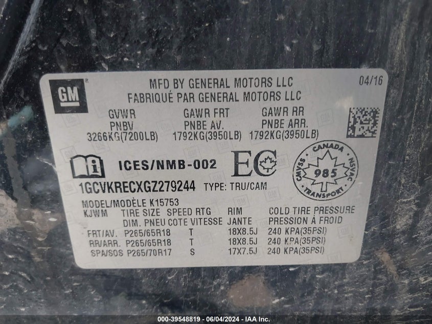 2016 CHEVROLET SILVERADO 1500 - 1GCVKRECXGZ279244