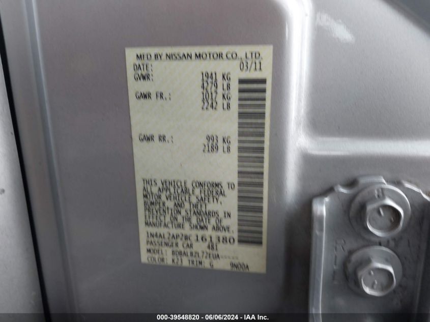 2011 Nissan Altima 2.5 S VIN: 1N4AL2AP2BC161380 Lot: 39548820