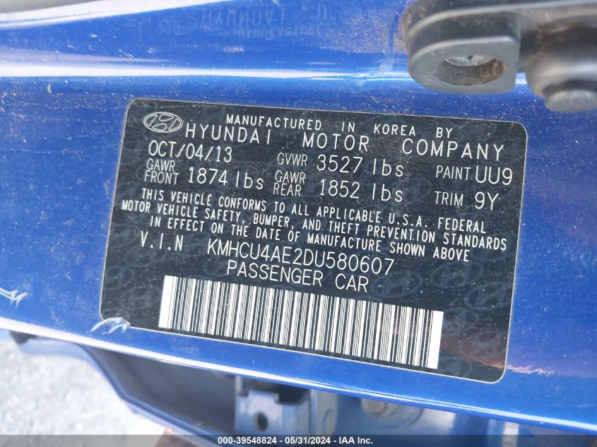 2013 Hyundai Accent Gls/Se VIN: KMHCU4AE2DU580607 Lot: 39548824
