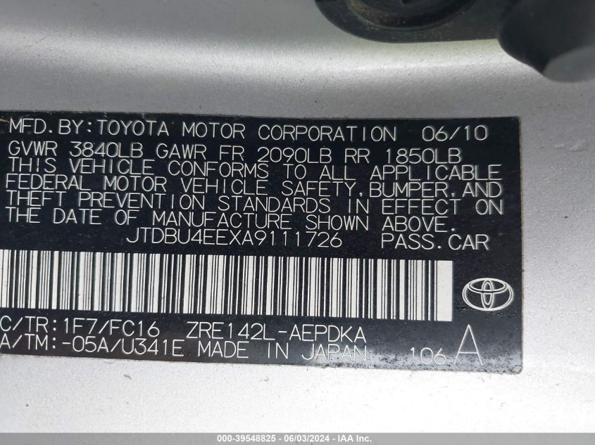 2010 Toyota Corolla Le VIN: JTDBU4EEXA9111726 Lot: 39548825