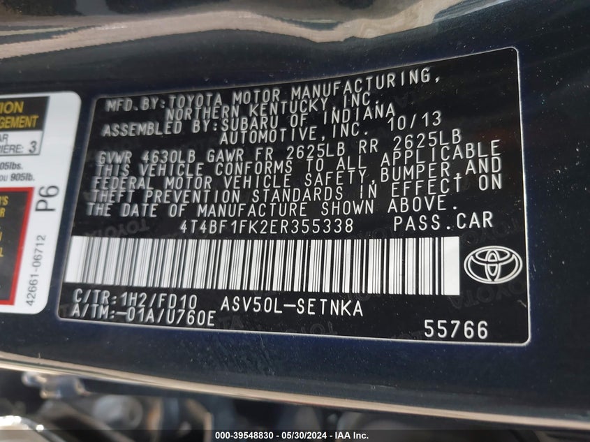 2014 Toyota Camry Le VIN: 4T4BF1FK2ER355338 Lot: 39548830