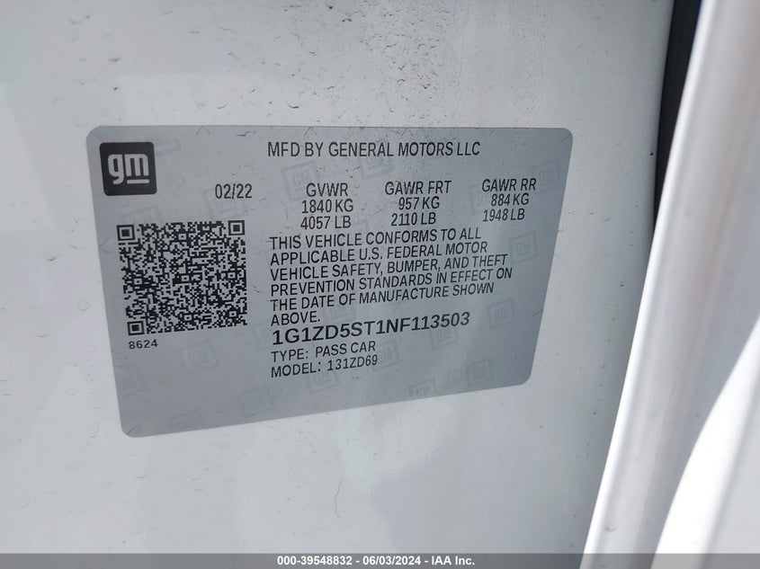 2022 Chevrolet Malibu Fwd Lt VIN: 1G1ZD5ST1NF113503 Lot: 39548832