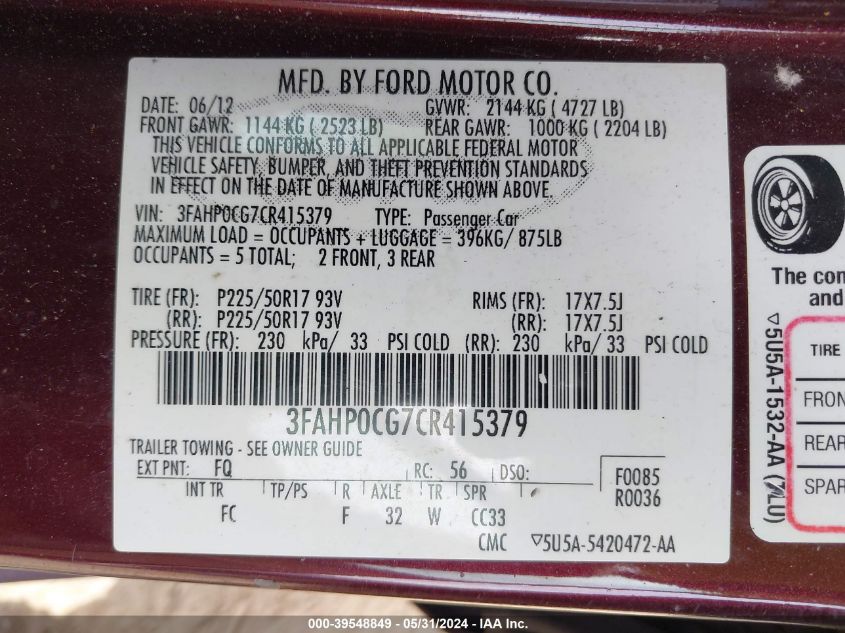 2012 Ford Fusion Sel VIN: 3FAHP0CG7CR415379 Lot: 39548849