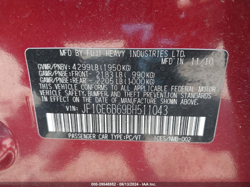 2011 Subaru Impreza 2.5I Premium VIN: JF1GE6B69BH511043 Lot: 39548852