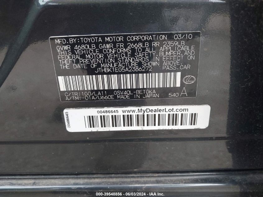 2010 Lexus Es 350 VIN: JTHBK1EG5A2386272 Lot: 39548856