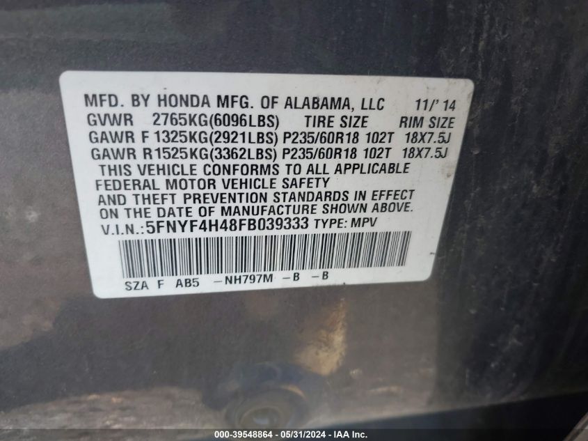 2015 Honda Pilot Ex VIN: 5FNYF4H48FB039333 Lot: 39548864