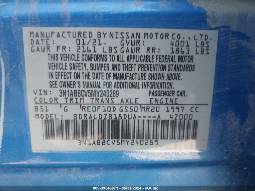 2021 Nissan Sentra Sv Xtronic Cvt VIN: 3N1AB8CV5MY240289 Lot: 39548871