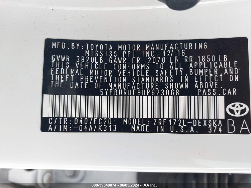 2017 Toyota Corolla Se VIN: 5YFBURHE9HP623068 Lot: 39548874