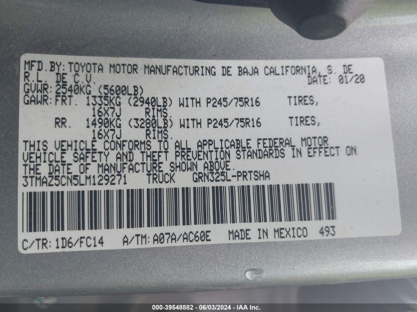 2020 Toyota Tacoma Sr5 V6 VIN: 3TMAZ5CN5LM129271 Lot: 39548882
