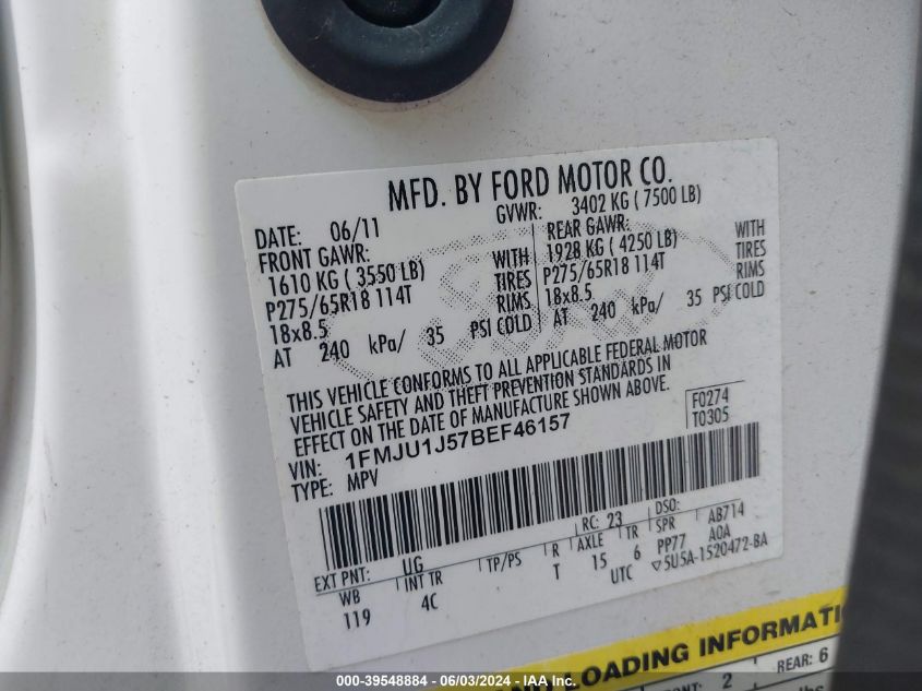 2011 Ford Expedition Xlt VIN: 1FMJU1J57BEF46157 Lot: 39548884