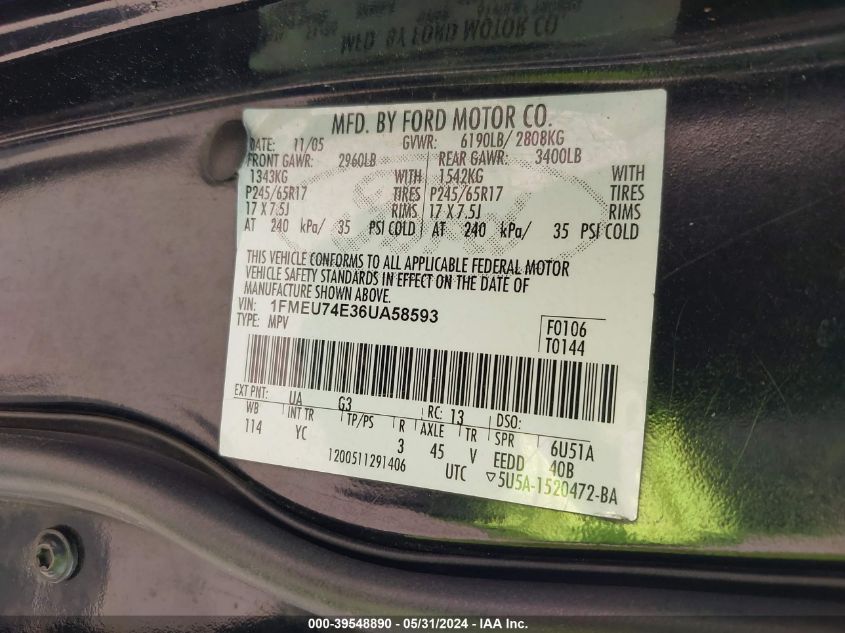 2006 Ford Explorer Eddie Bauer VIN: 1FMEU74E36UA58593 Lot: 39548890