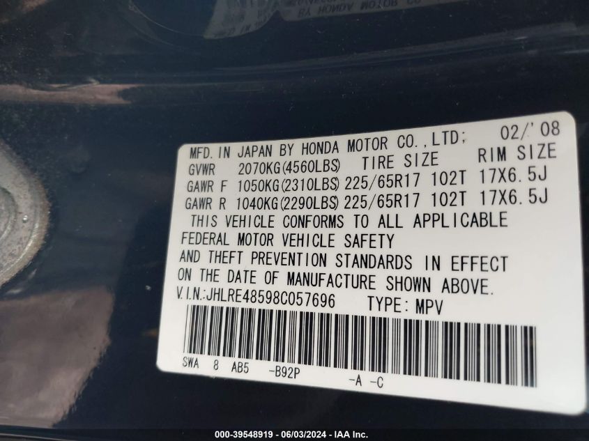 2008 Honda Cr-V Ex VIN: JHLRE48598C057696 Lot: 39548919