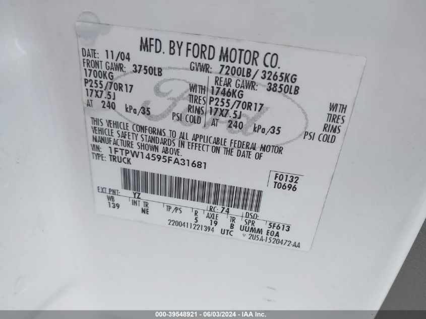 2005 Ford F150 Supercrew VIN: 1FTPW14595FA31681 Lot: 39548921