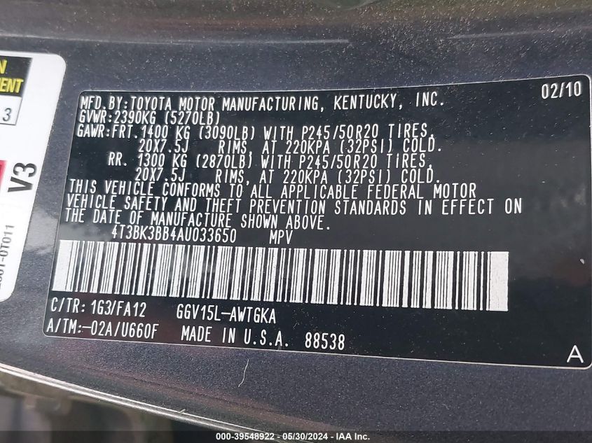 2010 Toyota Venza Base V6 VIN: 4T3BK3BB4AU033650 Lot: 39548922