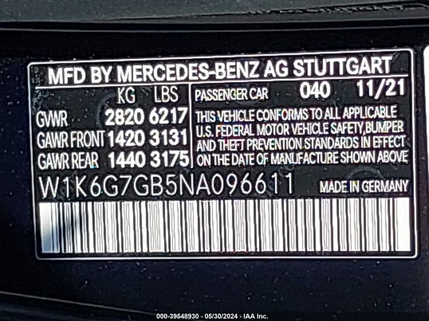 2022 Mercedes-Benz S 580 4Matic VIN: W1K6G7GB5NA096611 Lot: 39548930