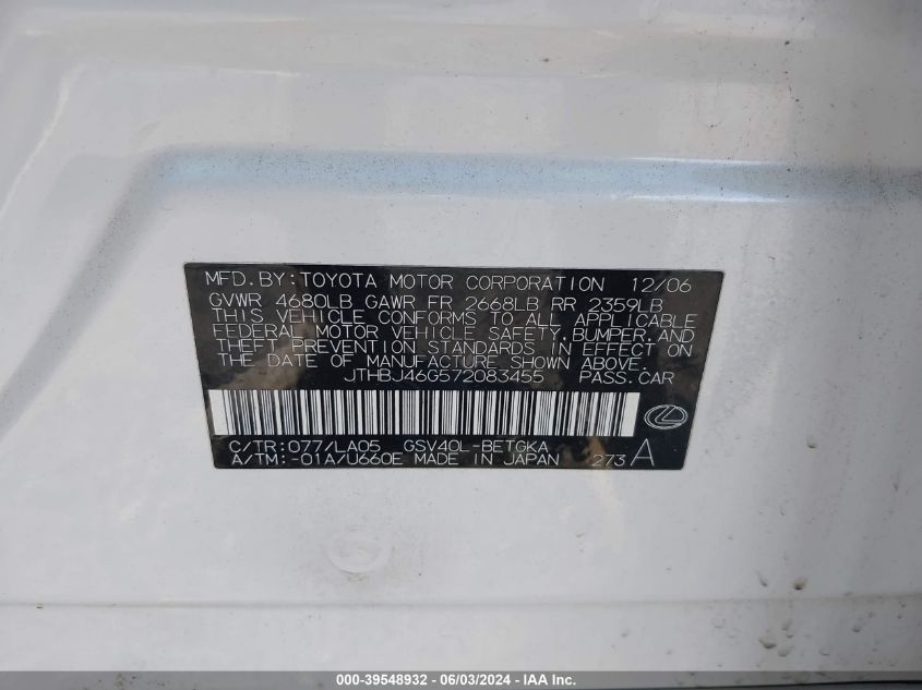 2007 Lexus Es 350 VIN: JTHBJ46G572083455 Lot: 39548932