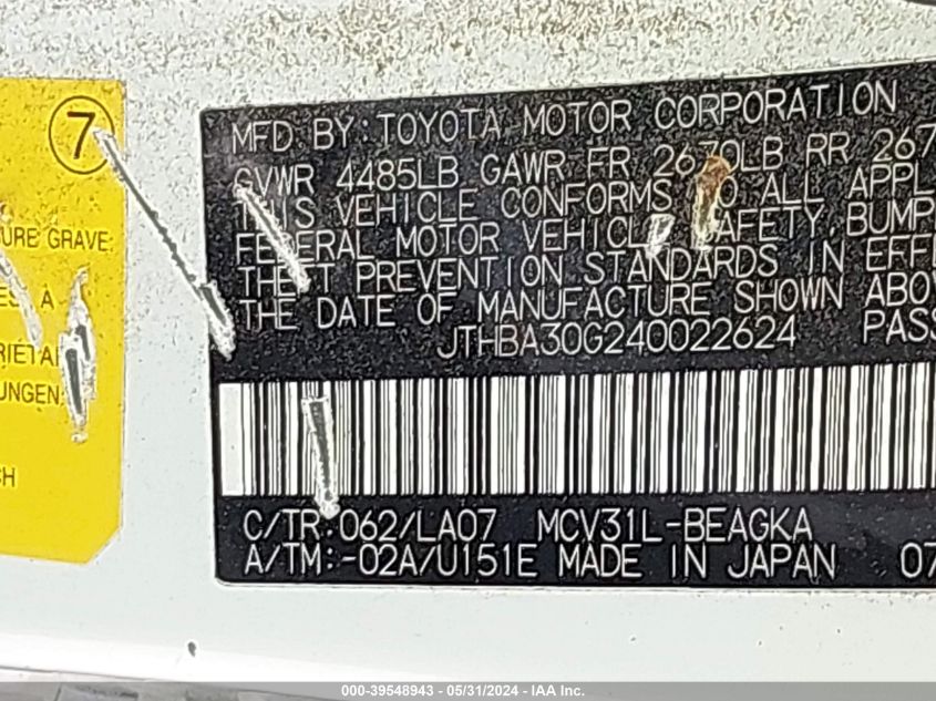 2004 Lexus Es 330 VIN: JTHBA30G240022624 Lot: 39548943