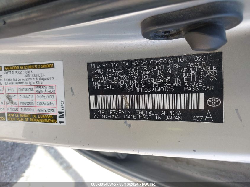 2011 Toyota Corolla VIN: JTDBU4EE0B9140105 Lot: 39548945