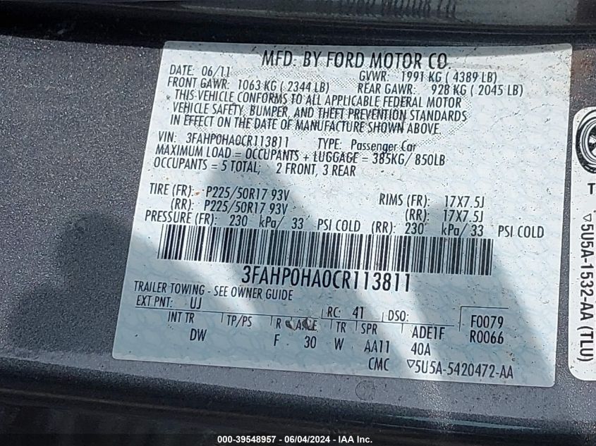 2012 Ford Fusion Se VIN: 3FAHP0HA0CR113811 Lot: 39548957