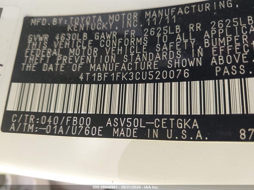 2012 Toyota Camry Xle VIN: 4T1BF1FK3CU520076 Lot: 39548961