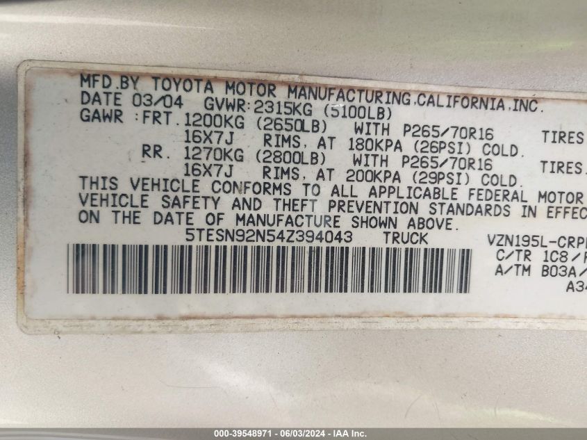 2004 Toyota Tacoma Prerunner V6 VIN: 5TESN92N54Z394043 Lot: 39548971