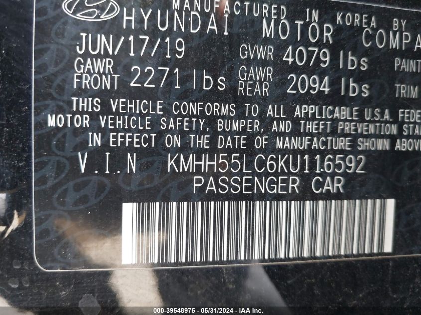 2019 Hyundai Elantra Gt N Line VIN: KMHH55LC6KU116592 Lot: 39548975