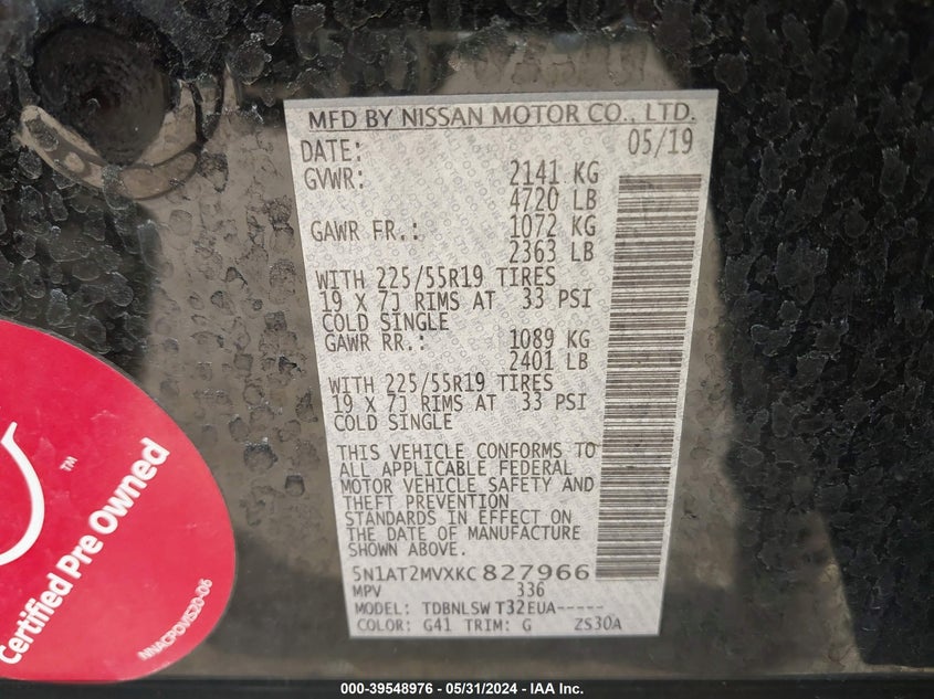 2019 Nissan Rogue Sl VIN: 5N1AT2MVXKC827966 Lot: 39548976