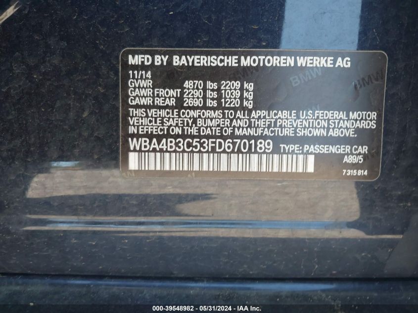 2015 BMW 435I Gran Coupe xDrive VIN: WBA4B3C53FD670189 Lot: 39548982