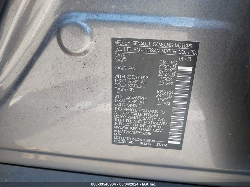 2018 Nissan Rogue Sv VIN: KNMAT2MV8JP556286 Lot: 39548984