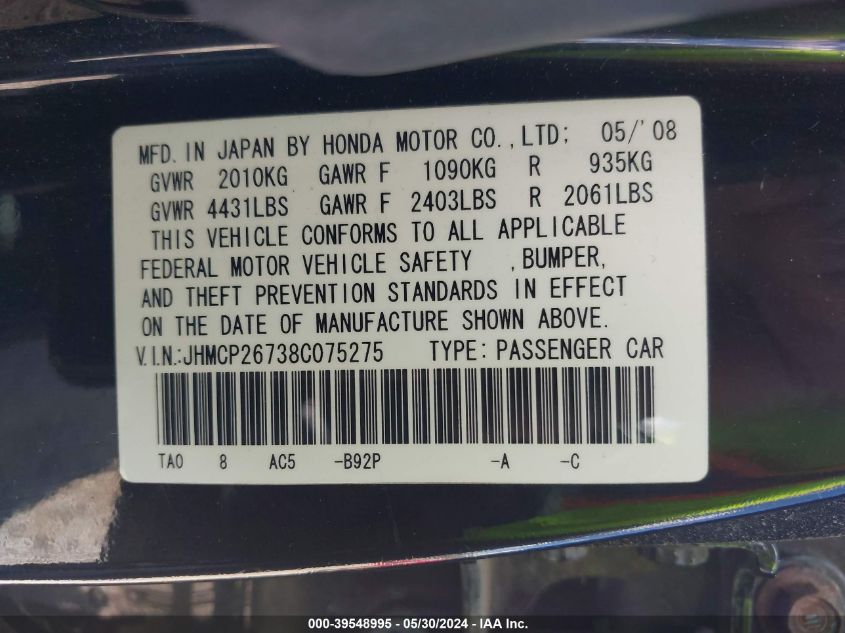 JHMCP26738C075275 | 2008 HONDA ACCORD