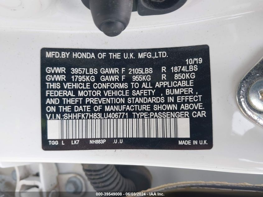 2020 Honda Civic Ex-L VIN: SHHFK7H83LU406771 Lot: 39549008