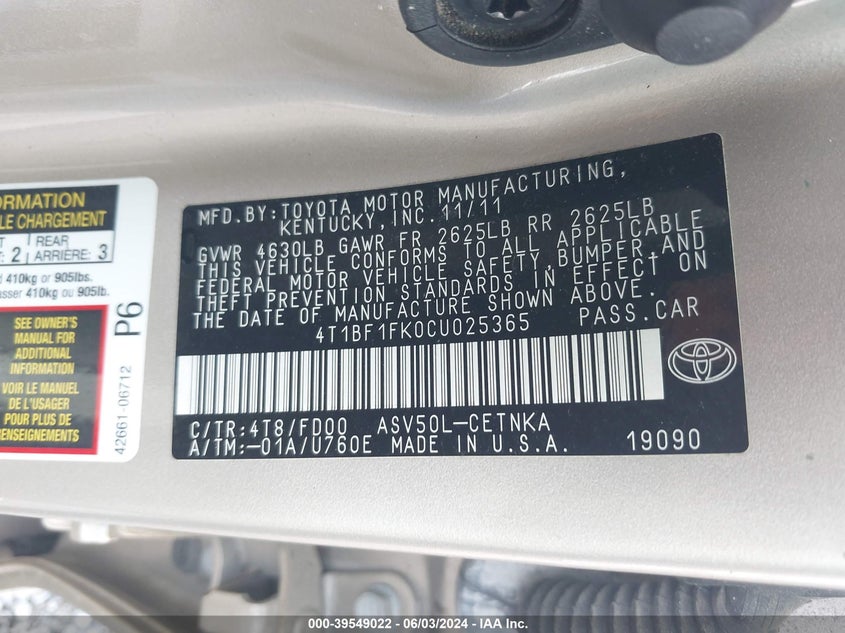 2012 Toyota Camry Le VIN: 4T1BF1FK0CU025365 Lot: 39549022