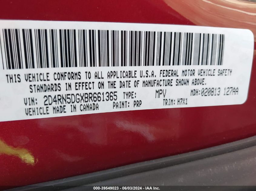 2011 Dodge Grand Caravan Crew VIN: 2D4RN5DGXBR661365 Lot: 39549023