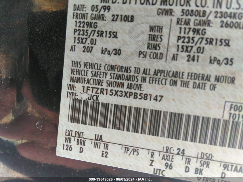1999 Ford Ranger Xlt VIN: 1FTZR15X3XPB58147 Lot: 39549026