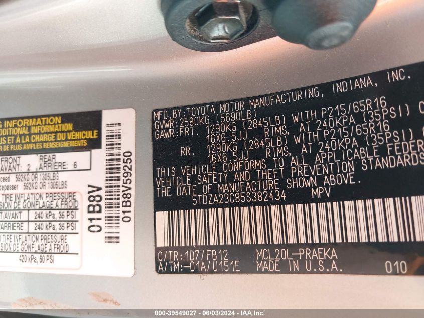 2005 Toyota Sienna Le VIN: 5TDZA23C85S382434 Lot: 39549027