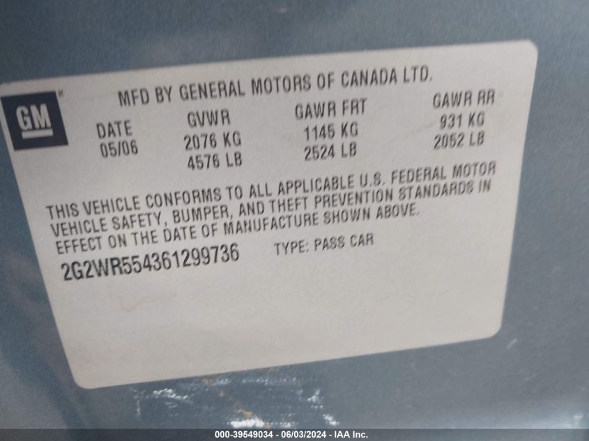 2006 Pontiac Grand Prix Gt VIN: 2G2WR554361299736 Lot: 39549034