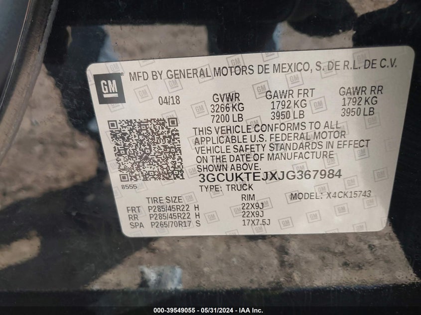 2018 Chevrolet Silverado 1500 High Country VIN: 3GCUKTEJXJG367984 Lot: 39549055