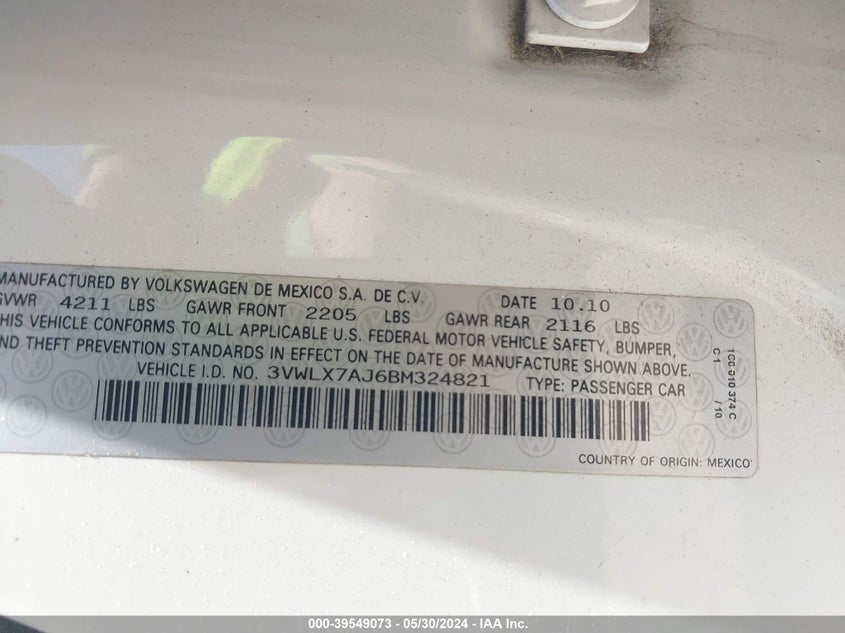 2011 Volkswagen Jetta 2.5L Sel VIN: 3VWLX7AJ6BM324821 Lot: 39549073
