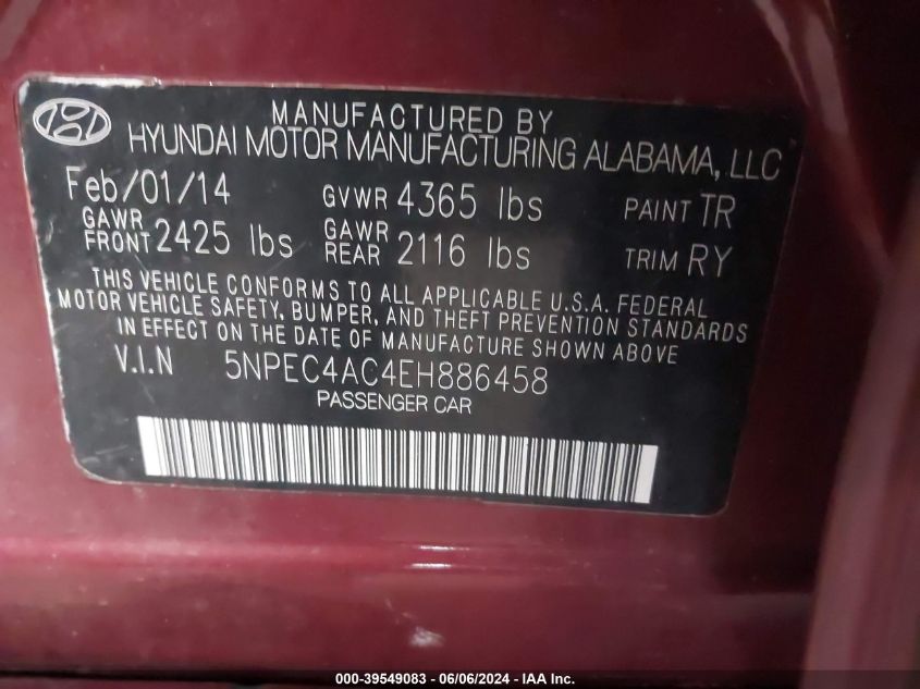 5NPEC4AC4EH886458 2014 Hyundai Sonata Se