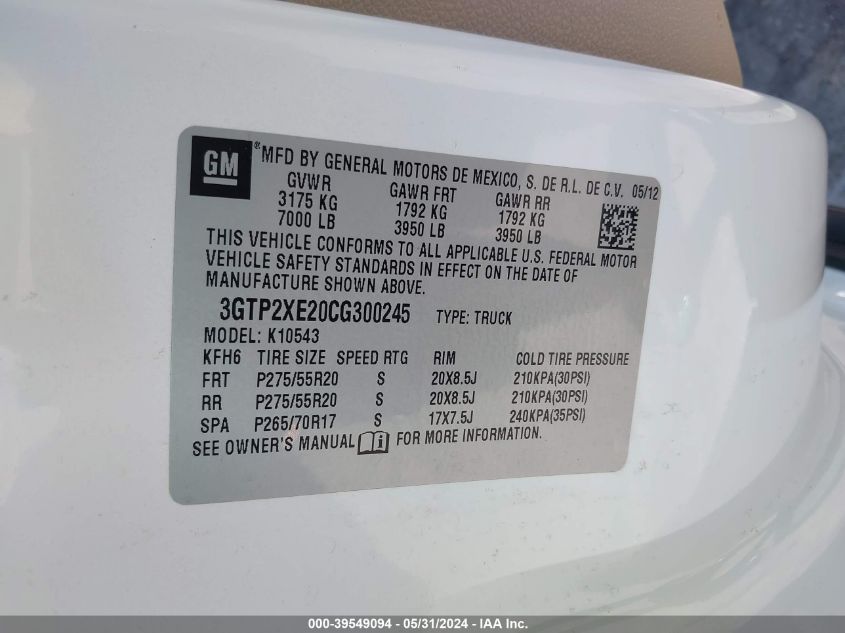 2012 GMC Sierra 1500 Denali VIN: 3GTP2XE20CG300245 Lot: 39549094