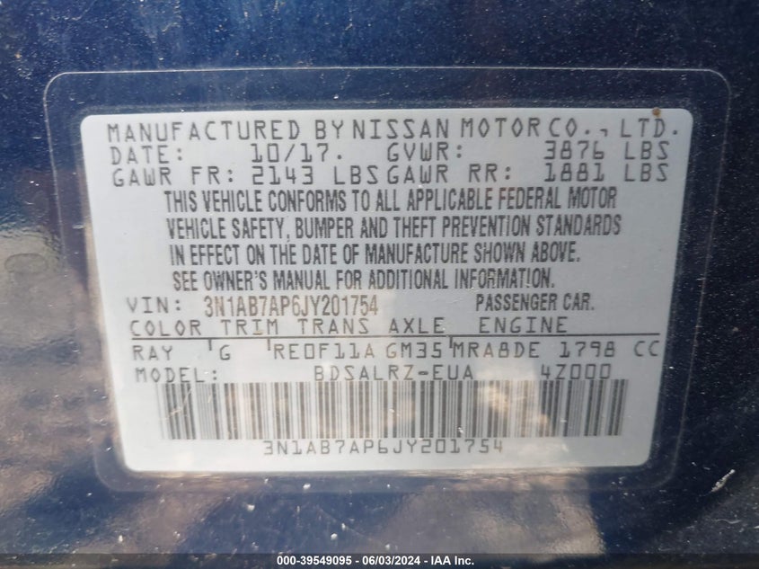 2018 Nissan Sentra Sr VIN: 3N1AB7AP6JY201754 Lot: 39549095