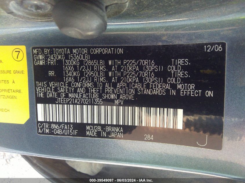 2007 Toyota Highlander V6 VIN: JTEEP21A270211355 Lot: 39549097