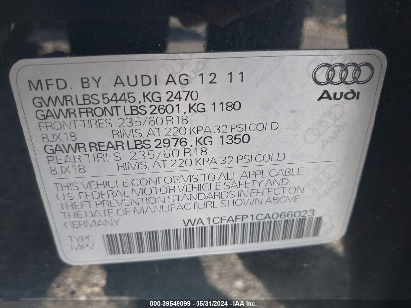2012 Audi Q5 2.0T Premium VIN: WA1CFAFP1CA066023 Lot: 39549099