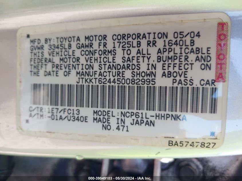 2005 Scion Xa VIN: JTKKT624450082995 Lot: 39549103