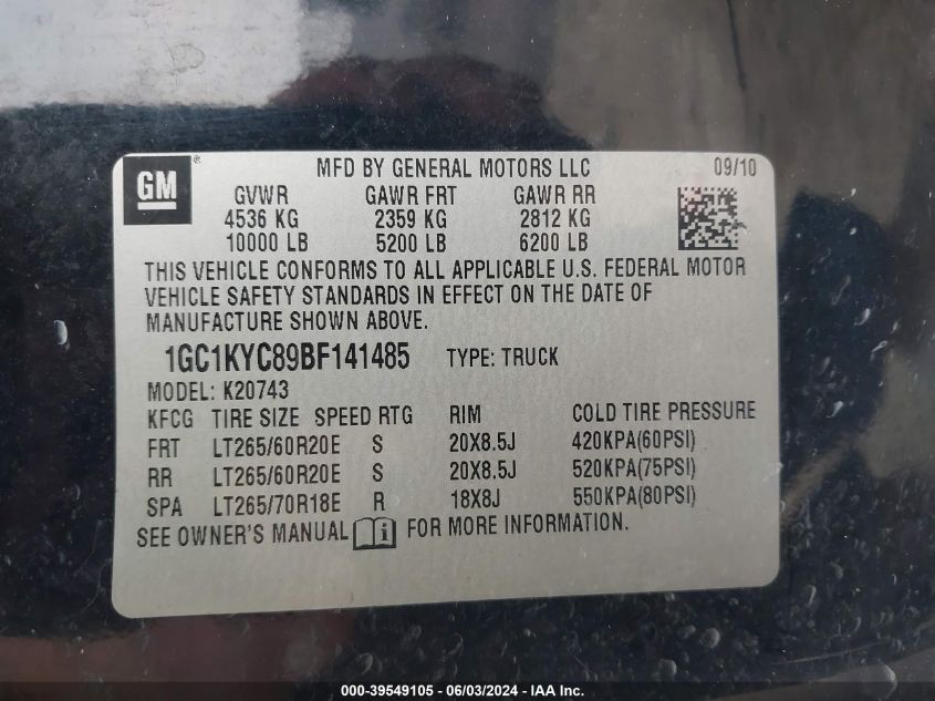 2011 Chevrolet Silverado 2500Hd Ltz VIN: 1GC1KYC89BF141485 Lot: 39549105