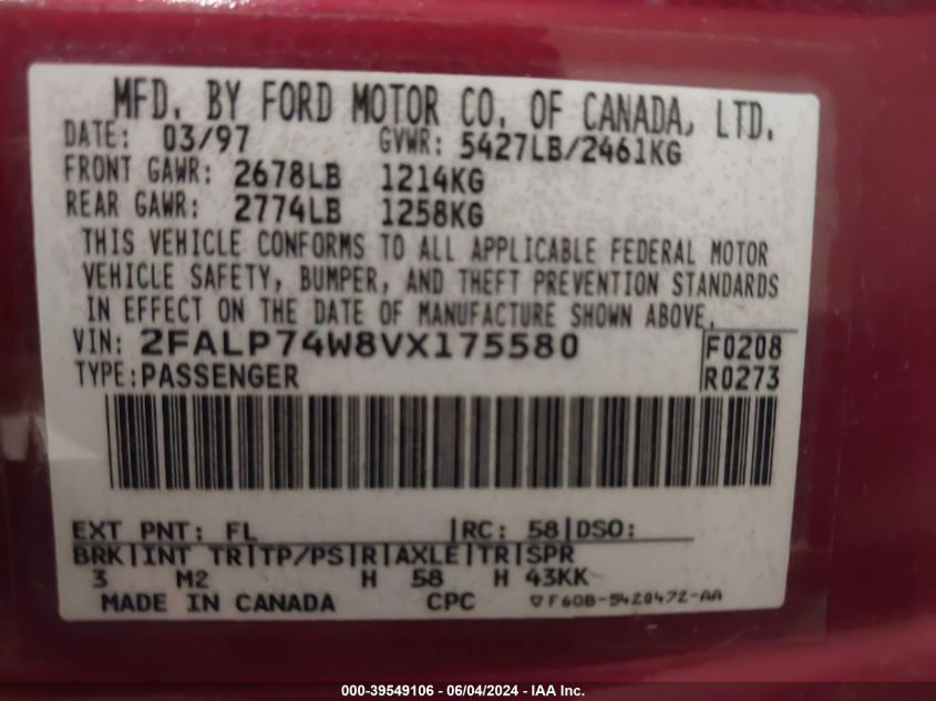 1997 Ford Crown Victoria Lx VIN: 2FALP74W8VX175580 Lot: 39549106