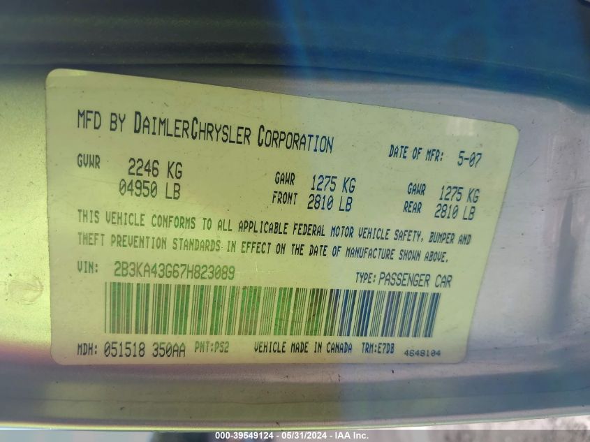 2007 Dodge Charger VIN: 2B3KA43G67H823089 Lot: 39549124