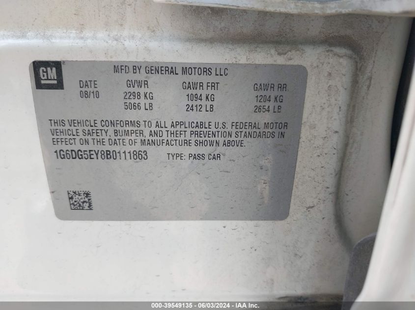 2011 Cadillac Cts Luxury VIN: 1G6DG5EY8B0111863 Lot: 39549135