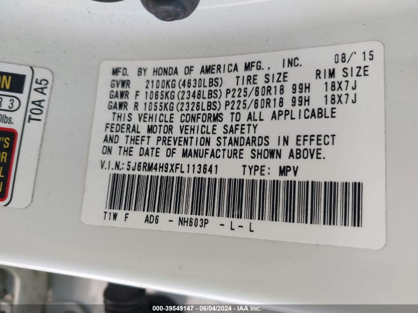 2015 Honda Cr-V Touring VIN: 5J6RM4H9XFL113641 Lot: 39549147